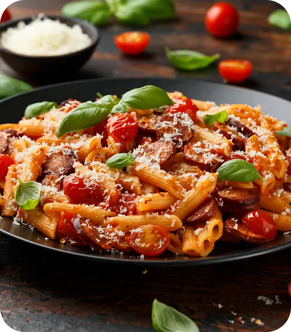 Prato de macarronada com molho, tomates e queijo por cima