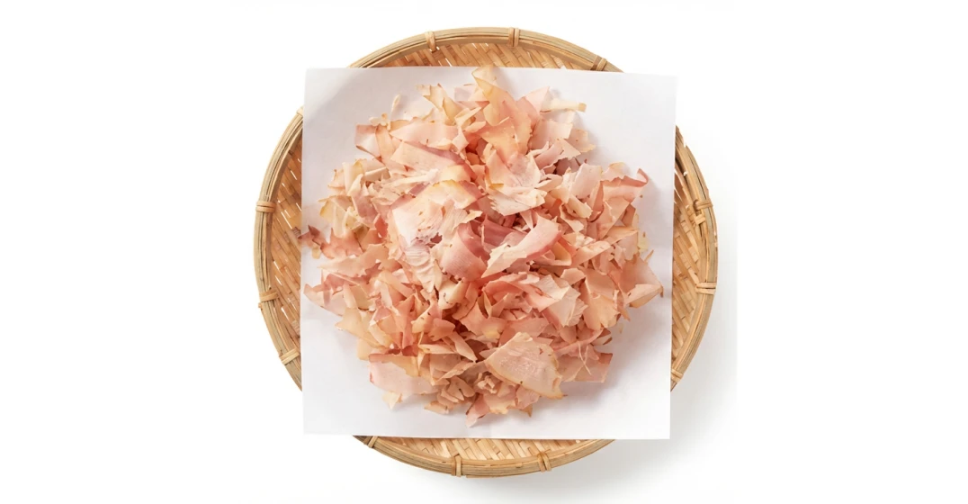 Flocos de peixe em um prato de madeira