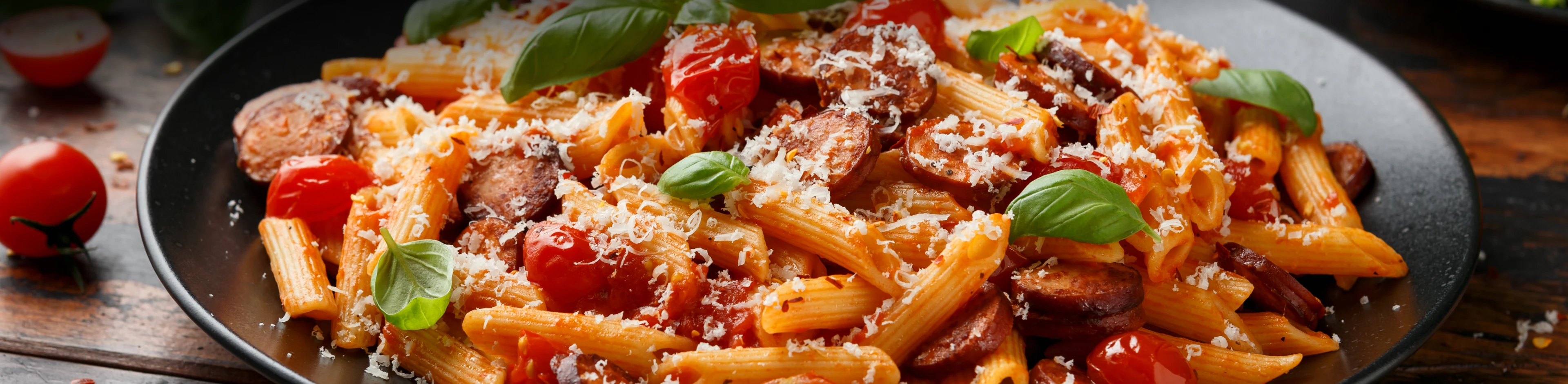 Prato de macarronada com molho, tomates e queijo por cima